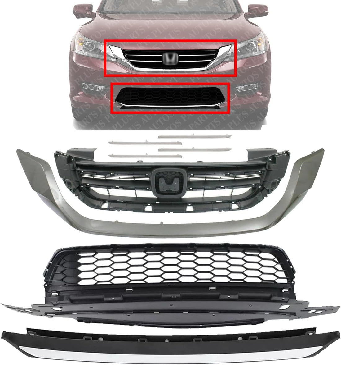 Front Bumper Upper & Lower Grille Textured + Molding + Set of 4 Trim Chrome Left Driver & Right Passenger Side Direct Replacement Compatible With 2013-2015 Honda Accord HO1036114