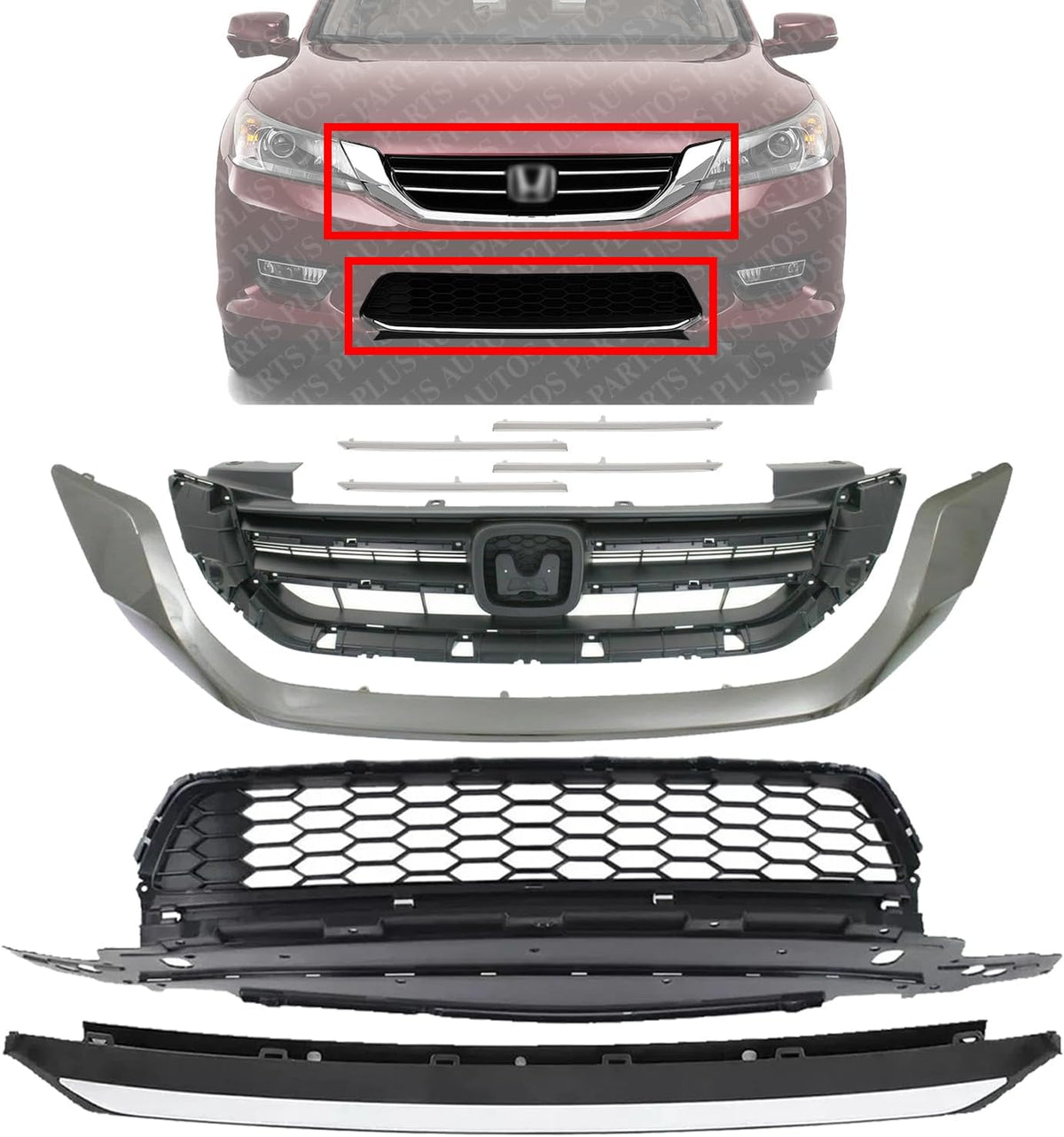 Front Bumper Upper & Lower Grille Textured + Molding + Set of 4 Trim Chrome Left Driver & Right Passenger Side Direct Replacement Compatible With 2013-2015 Honda Accord HO1036114