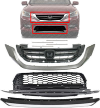 Front Bumper Upper & Lower Grille Textured + Molding + Set of 4 Trim Chrome Left Driver & Right Passenger Side Direct Replacement Compatible With 2013-2015 Honda Accord HO1036114