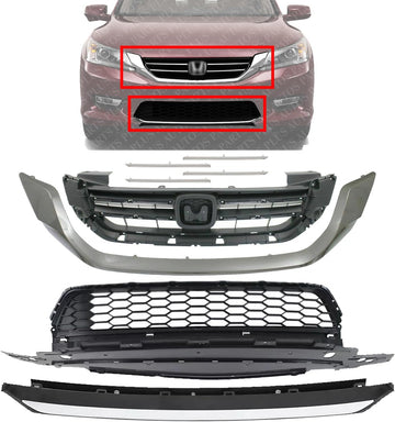 Front Bumper Upper & Lower Grille Textured + Molding + Set of 4 Trim Chrome Left Driver & Right Passenger Side Direct Replacement Compatible With 2013-2015 Honda Accord HO1036114