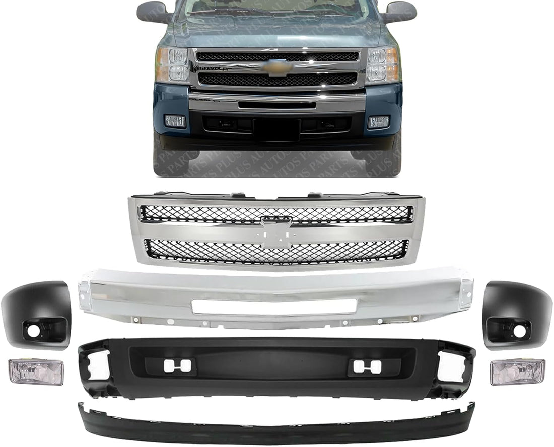 Front Bumper Chrome Steel + Grille + Lower Valance + Extension + End Cap Primed + Fog Light Left & Right Side Direct Replacement Compatible With 2007-2013 Chevrolet Silverado 1500