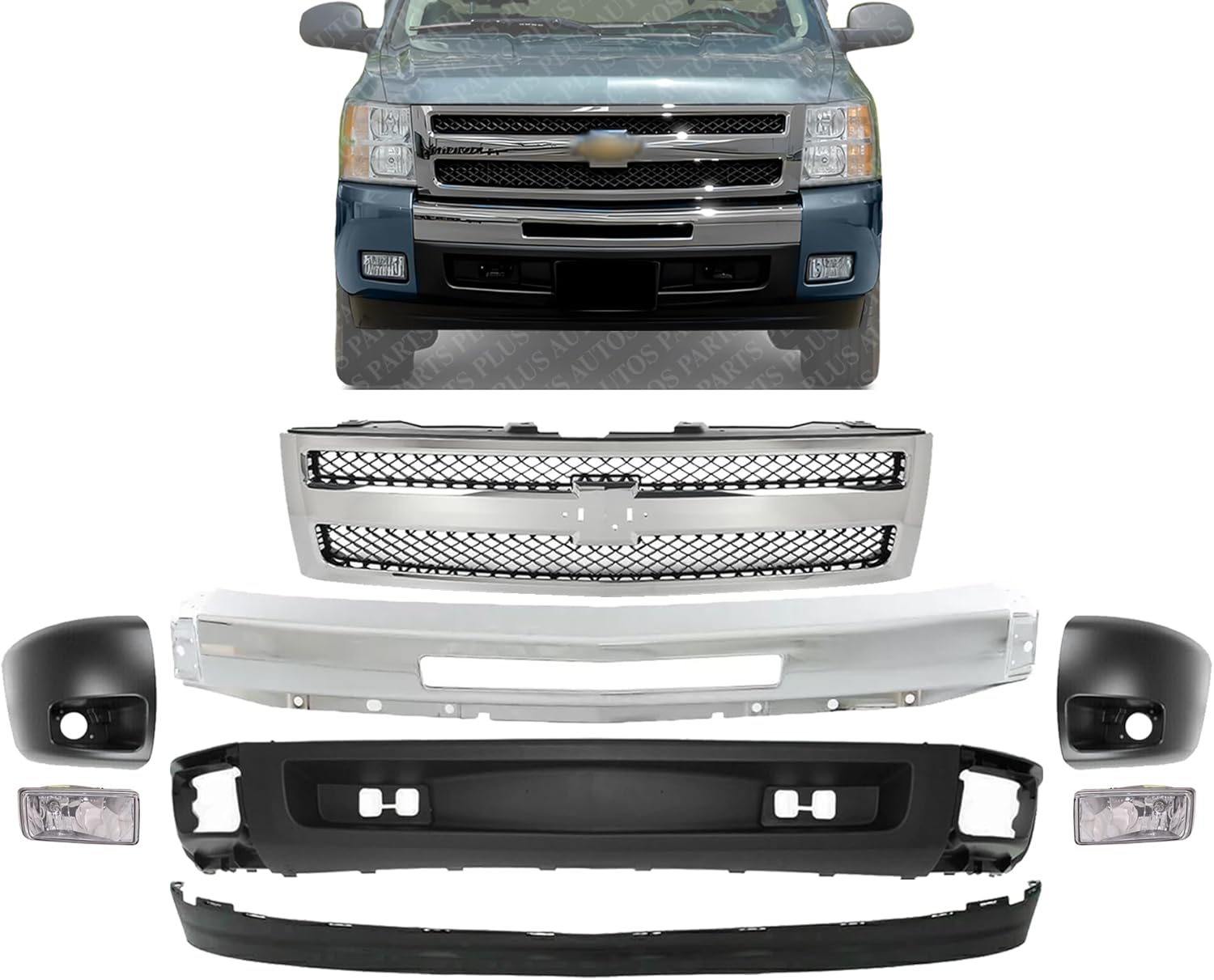 Front Bumper Chrome Steel + Grille + Lower Valance + Extension + End Cap Primed + Fog Light Left & Right Side Direct Replacement Compatible With 2007-2013 Chevrolet Silverado 1500