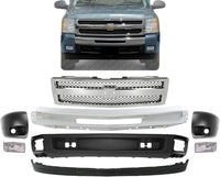 Front Bumper Chrome Steel + Grille + Lower Valance + Extension + End Cap Primed + Fog Light Left & Right Side Direct Replacement Compatible With 2007-2013 Chevrolet Silverado 1500