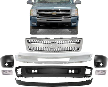 Front Bumper Chrome Steel + Grille + Lower Valance + Extension + End Cap Primed + Fog Light Left & Right Side Direct Replacement Compatible With 2007-2013 Chevrolet Silverado 1500