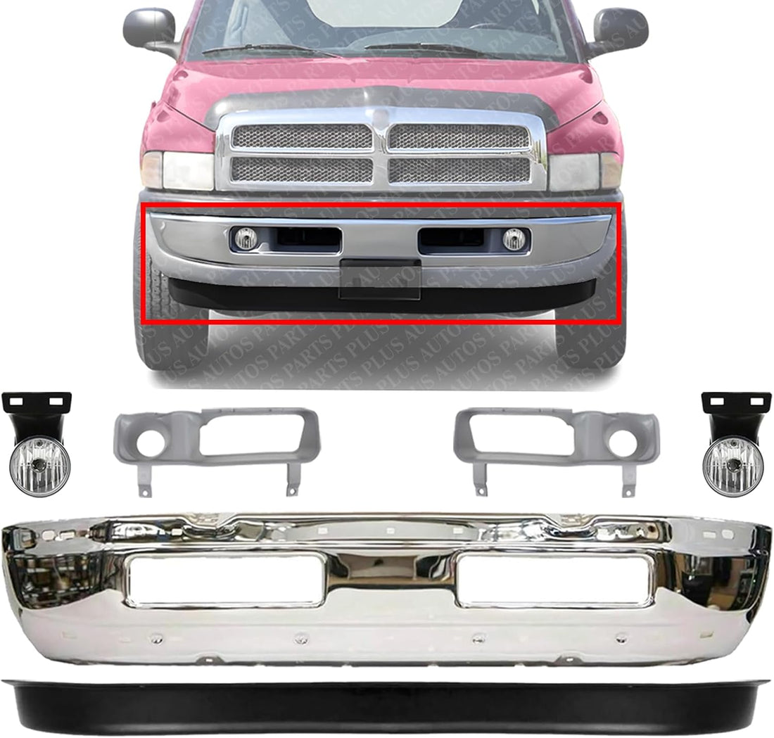 Front Bumper Chrome Steel + Lower Valance Textured + Fog Light + Bezel Cover Left & Right Side Direct Replacement Compatible With 1994-2001 Dodge Ram 1500/1994-2002 2500 3500