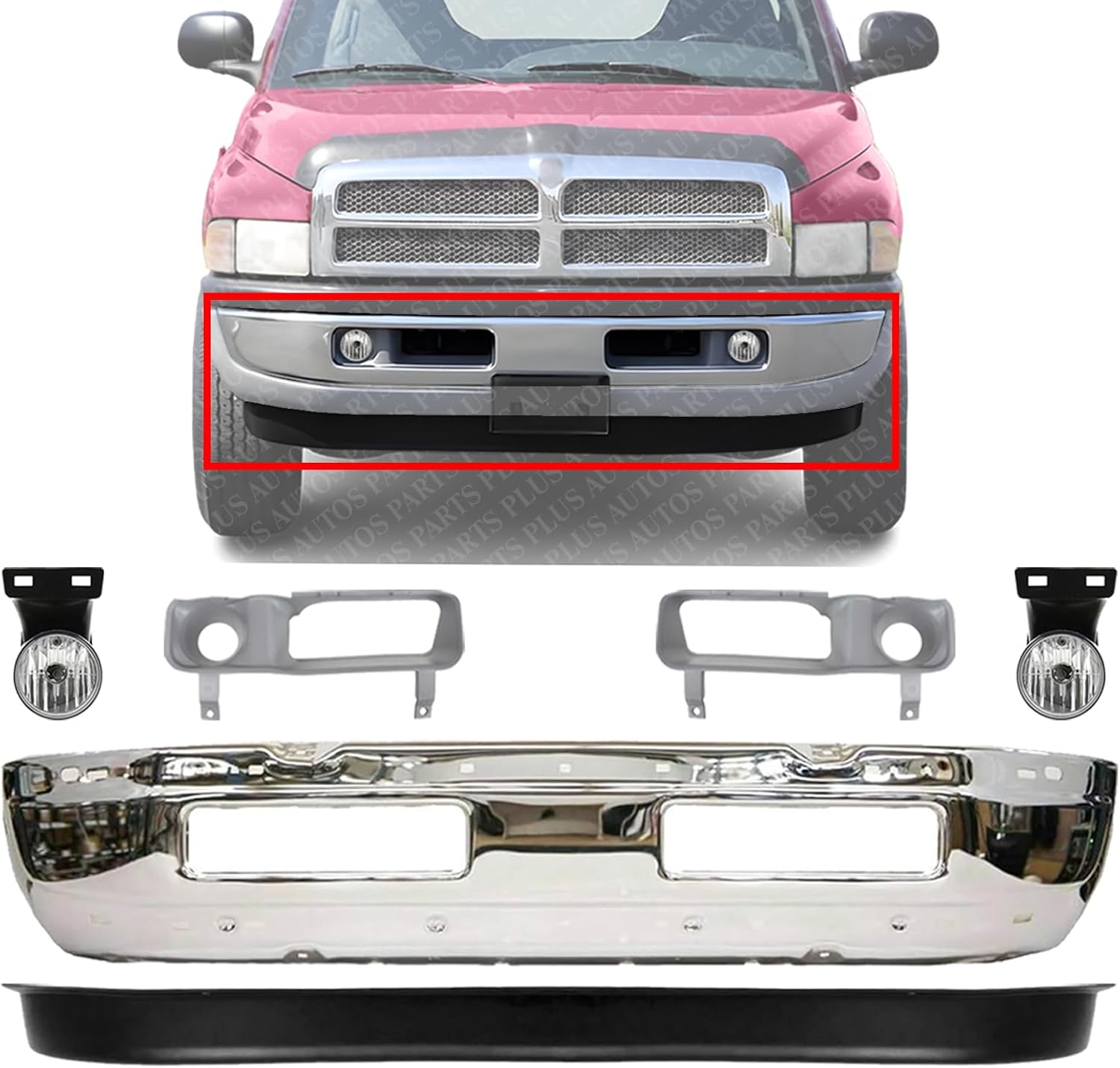Front Bumper Chrome Steel + Lower Valance Textured + Fog Light + Bezel Cover Left & Right Side Direct Replacement Compatible With 1994-2001 Dodge Ram 1500/1994-2002 2500 3500