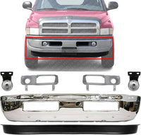 Front Bumper Chrome Steel + Lower Valance Textured + Fog Light + Bezel Cover Left & Right Side Direct Replacement Compatible With 1994-2001 Dodge Ram 1500/1994-2002 2500 3500