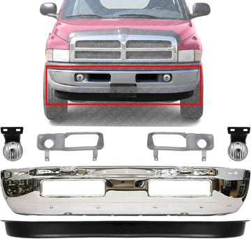 Front Bumper Chrome Steel + Lower Valance Textured + Fog Light + Bezel Cover Left & Right Side Direct Replacement Compatible With 1994-2001 Dodge Ram 1500/1994-2002 2500 3500