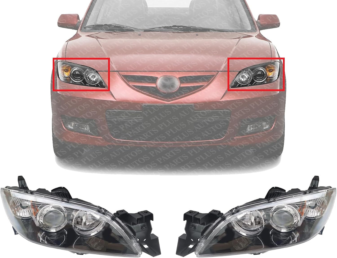 Set Of 2 Front Head Light Assembly Plastic Lens And Housing Left Driver & Right Passenger Side Direct Replacement Compatible With 2004-2009 Mazda 3 MA2519108 MA2518108