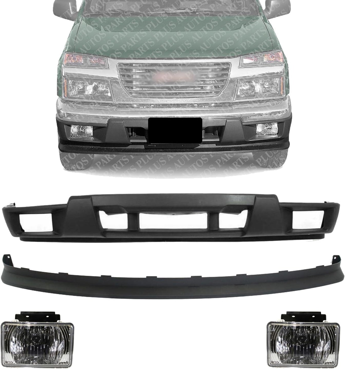 Front Bumper Lower Valance + Extension Textured Fog Light Left Driver And Right Passenger Side Direct Replacement Compatible With 2004-2012 Chevrolet Colorado GM1000722 GM2592135