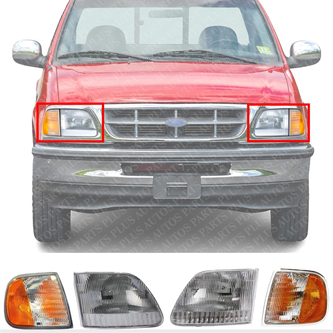 AUTOS PARTS PLUS Front Headlights Assembly Without Bracket + Corner Lamps Right Passenger & Left Driver Side Direct Replacement Compatible With 1997-2003 Ford F-Series FO2503139 FO2502139