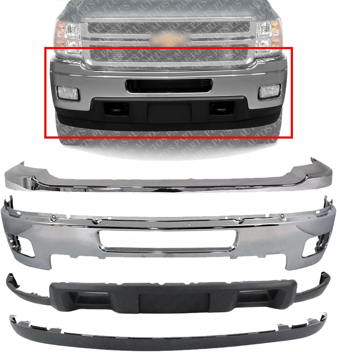 New Front Bumper + Upper Cover Chrome + Lower Valance Air Deflector + Extension Textured Direct Replacement Compatible With Chevrolet Silverado 2500HD 3500HD 2011-2014 GM1002837