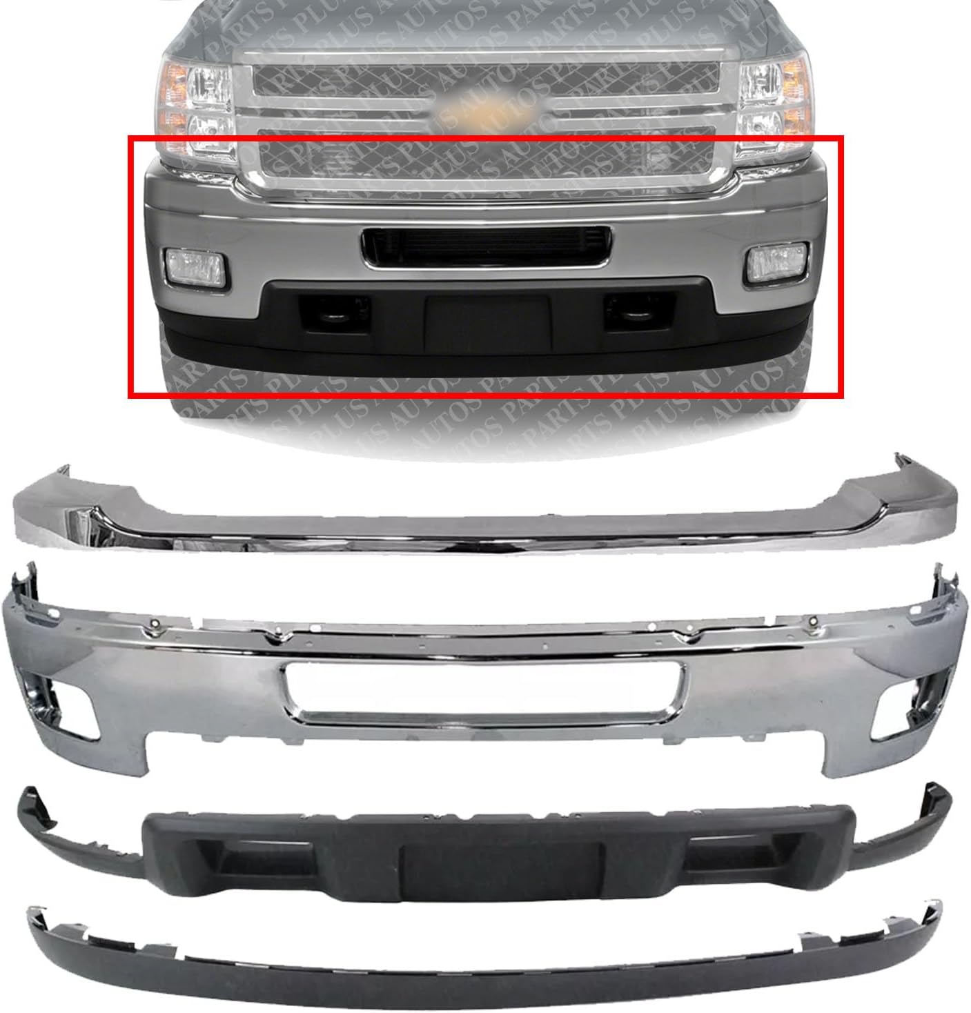 New Front Bumper + Upper Cover Chrome + Lower Valance Air Deflector + Extension Textured Direct Replacement Compatible With Chevrolet Silverado 2500HD 3500HD 2011-2014 GM1002837
