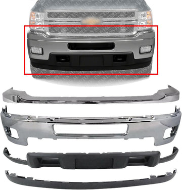 New Front Bumper + Upper Cover Chrome + Lower Valance Air Deflector + Extension Textured Direct Replacement Compatible With Chevrolet Silverado 2500HD 3500HD 2011-2014 GM1002837