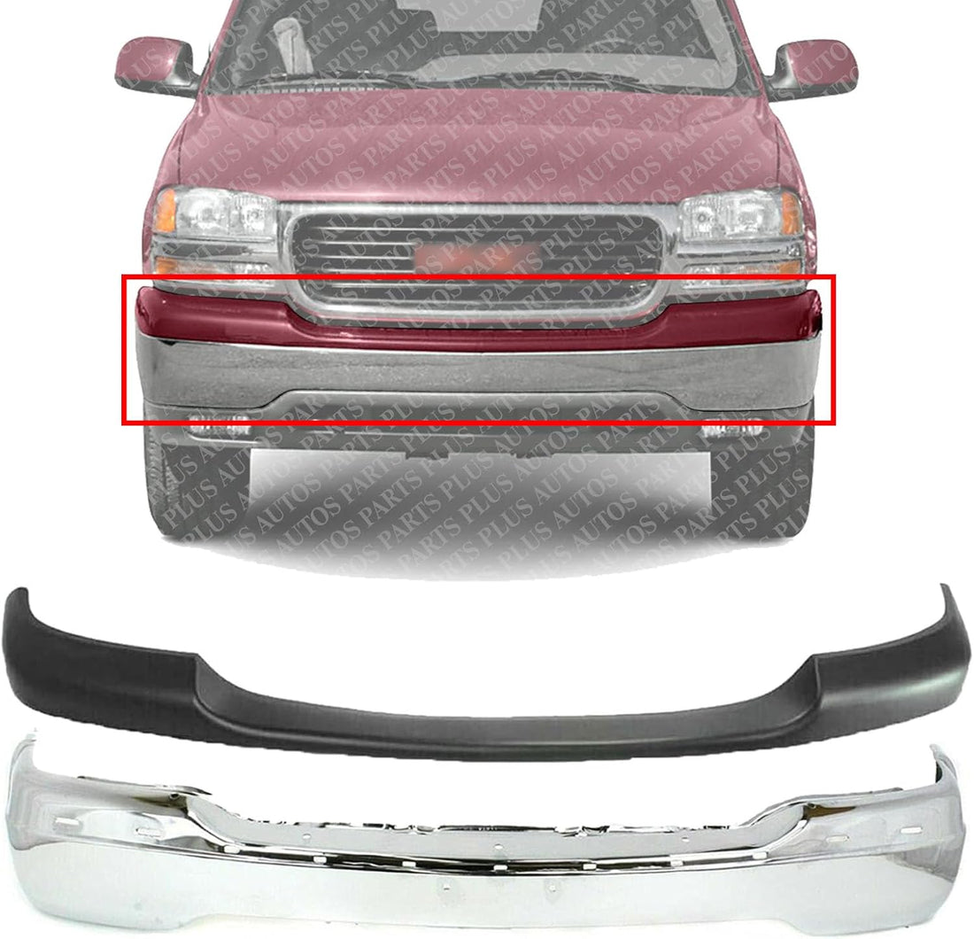 AUTOS PARTS PLUS Front Bumper Chrome Steel + Face Bar Trim Cap Primed Direct Replacement Compatible With 1999-2002 GMC Sierra / 2000-2006 Yukon 1500 2500 GM1002835 GM1051104 15758072-PFM 89026801