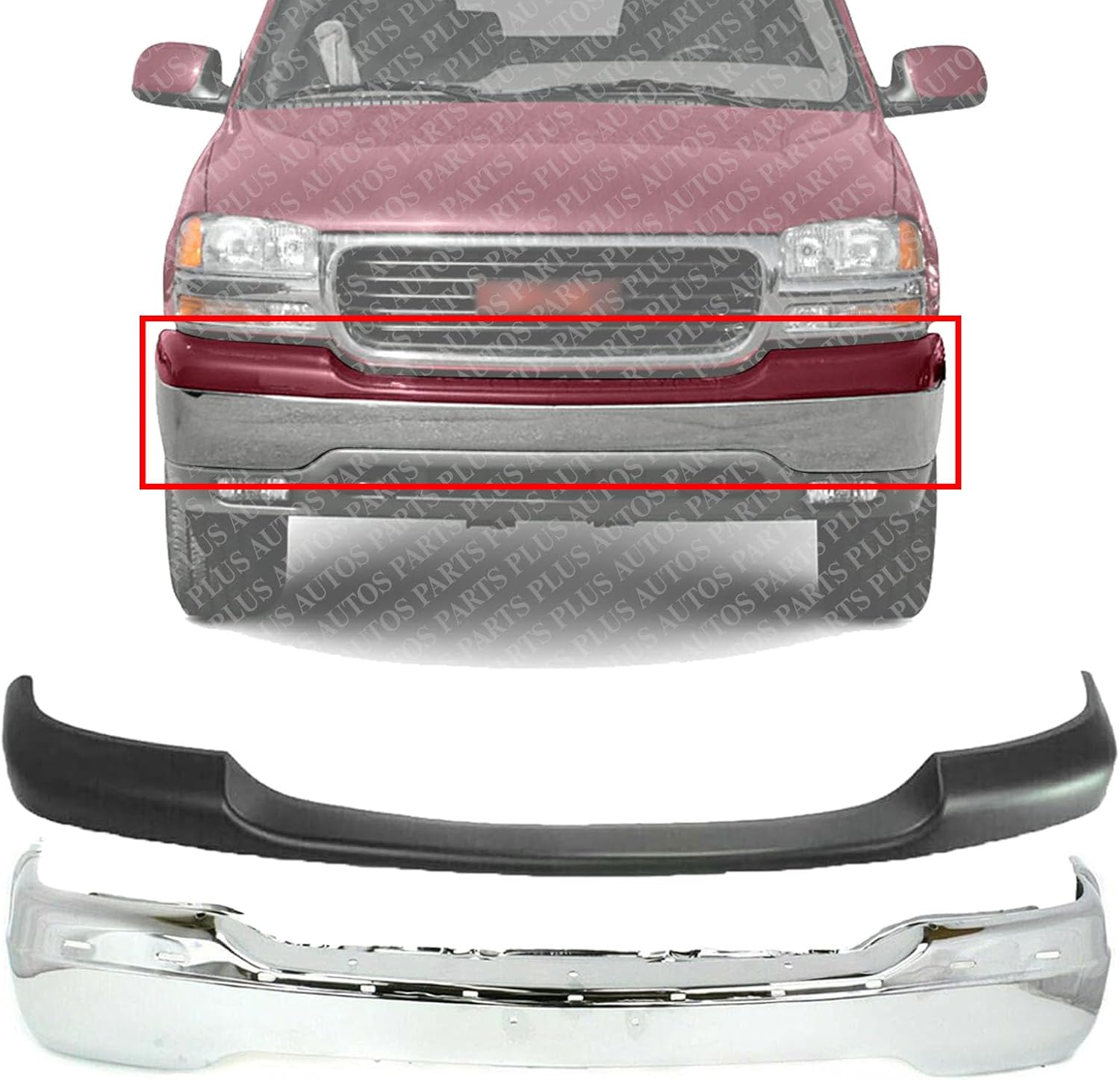 AUTOS PARTS PLUS Front Bumper Chrome Steel + Face Bar Trim Cap Primed Direct Replacement Compatible With 1999-2002 GMC Sierra / 2000-2006 Yukon 1500 2500 GM1002835 GM1051104 15758072-PFM 89026801
