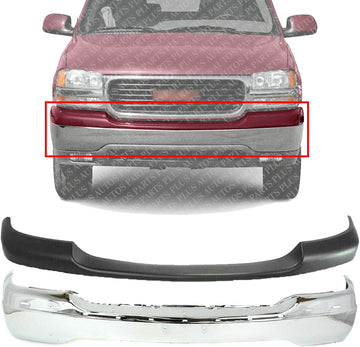 AUTOS PARTS PLUS Front Bumper Chrome Steel + Face Bar Trim Cap Primed Direct Replacement Compatible With 1999-2002 GMC Sierra / 2000-2006 Yukon 1500 2500 GM1002835 GM1051104 15758072-PFM 89026801