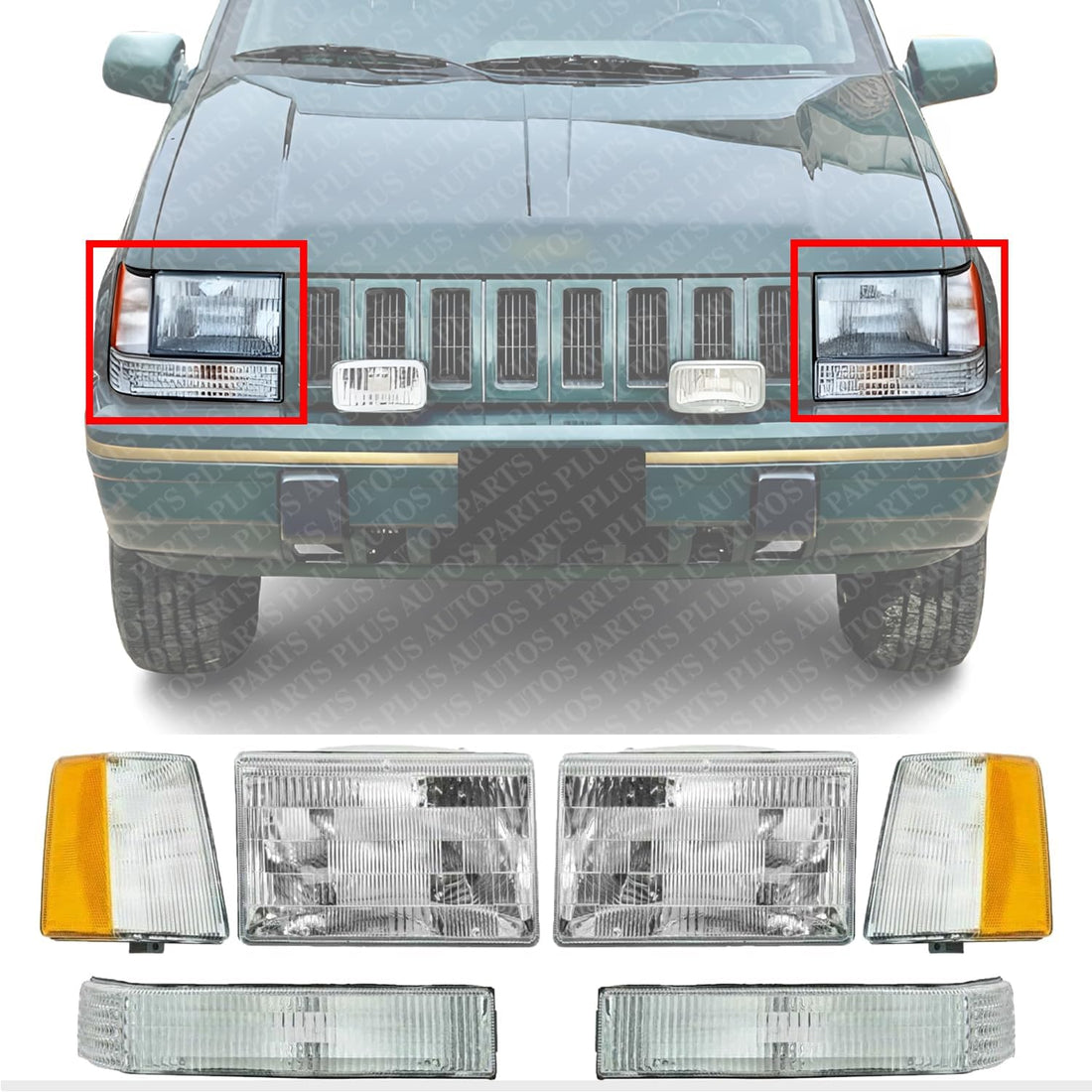 Front Headlights Assembly + Corners & Signal Lamps Lens And Housing Right Passenger & Left Driver Side Direct Replacement Compatible With Jeep Grand Cherokee 1993-1996 CH2520120