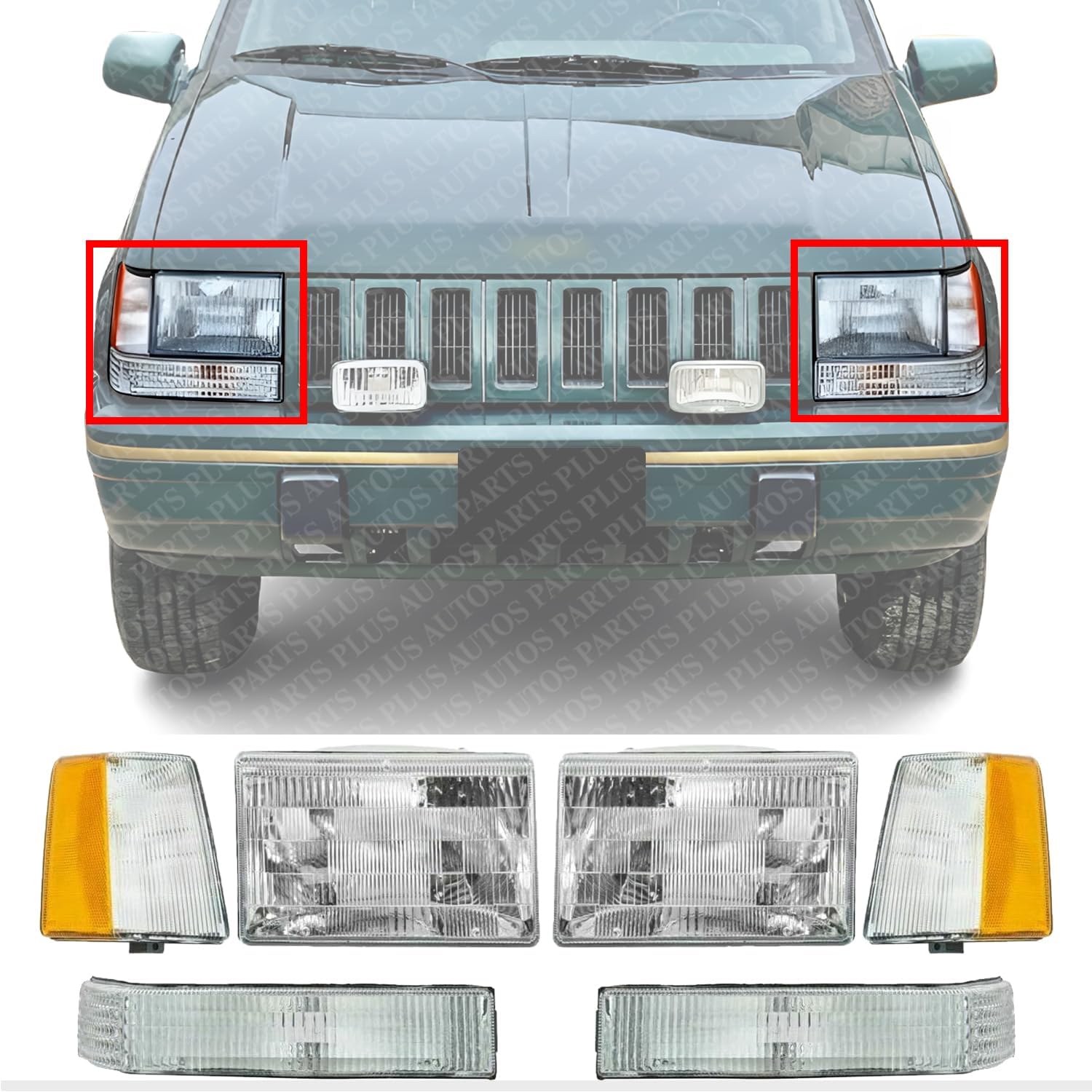 Front Headlights Assembly + Corners & Signal Lamps Lens And Housing Right Passenger & Left Driver Side Direct Replacement Compatible With Jeep Grand Cherokee 1993-1996 CH2520120