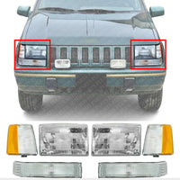 Front Headlights Assembly + Corners & Signal Lamps Lens And Housing Right Passenger & Left Driver Side Direct Replacement Compatible With Jeep Grand Cherokee 1993-1996 CH2520120