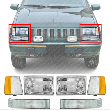 Front Headlights Assembly + Corners & Signal Lamps Lens And Housing Right Passenger & Left Driver Side Direct Replacement Compatible With Jeep Grand Cherokee 1993-1996 CH2520120