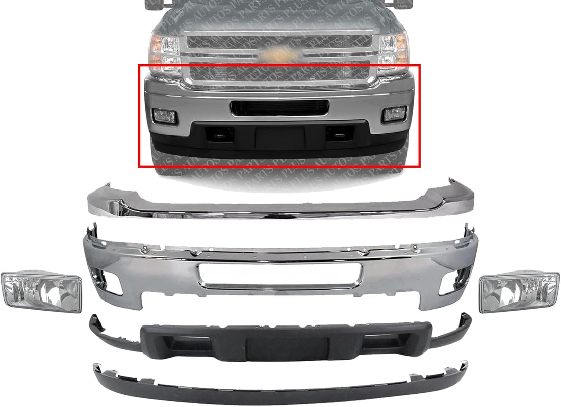Front Bumper Chrome + Upper Cover + Lower Valance Air Deflector + Extension + Fog Lights Left & Right Side Direct Replacement Compatible With 2011-2014 Chevrolet Silverado 2500HD 3500