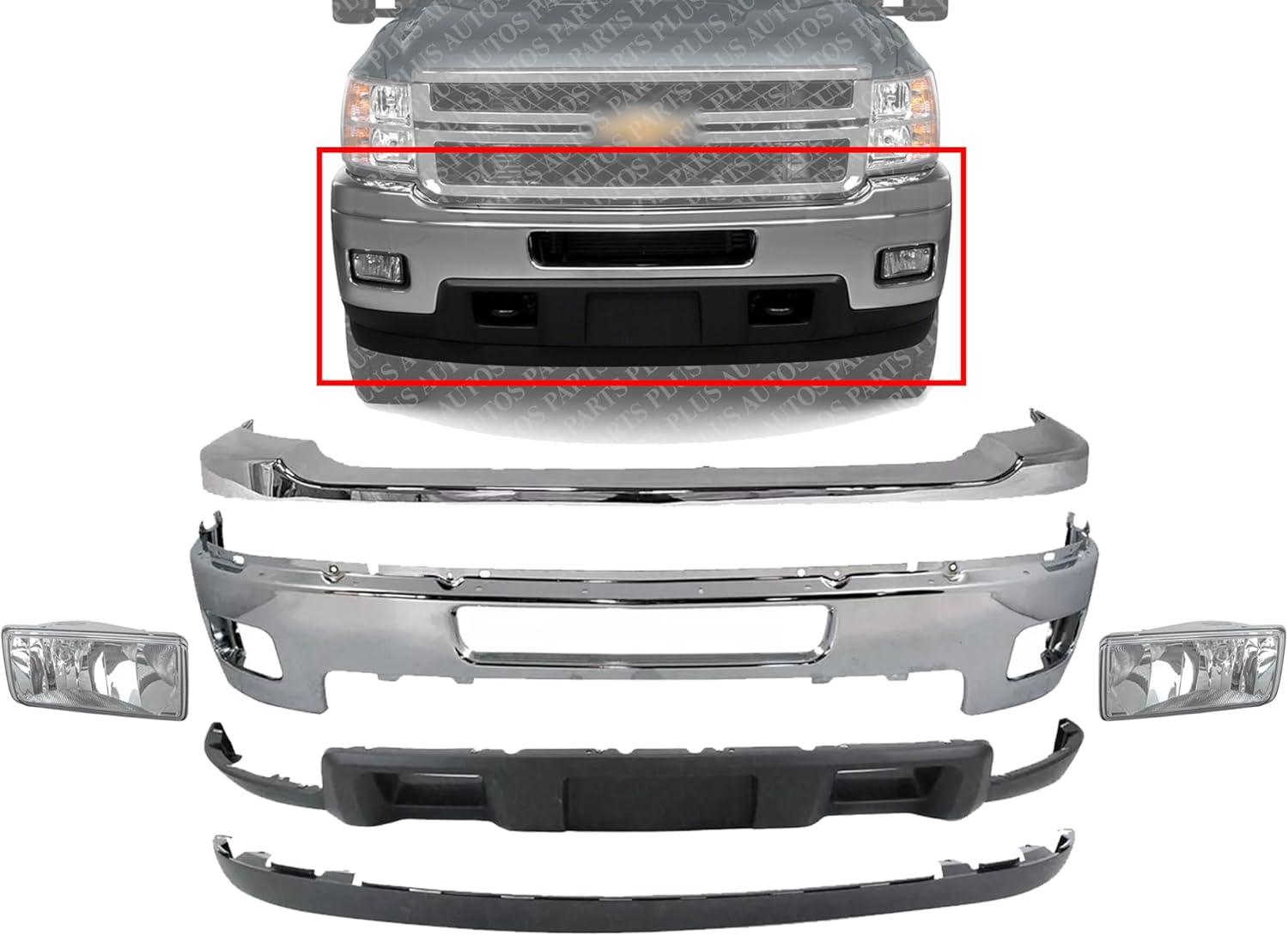 Front Bumper Chrome + Upper Cover + Lower Valance Air Deflector + Extension + Fog Lights Left & Right Side Direct Replacement Compatible With 2011-2014 Chevrolet Silverado 2500HD 3500