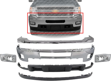 Front Bumper Chrome + Upper Cover + Lower Valance Air Deflector + Extension + Fog Lights Left & Right Side Direct Replacement Compatible With 2011-2014 Chevrolet Silverado 2500HD 3500