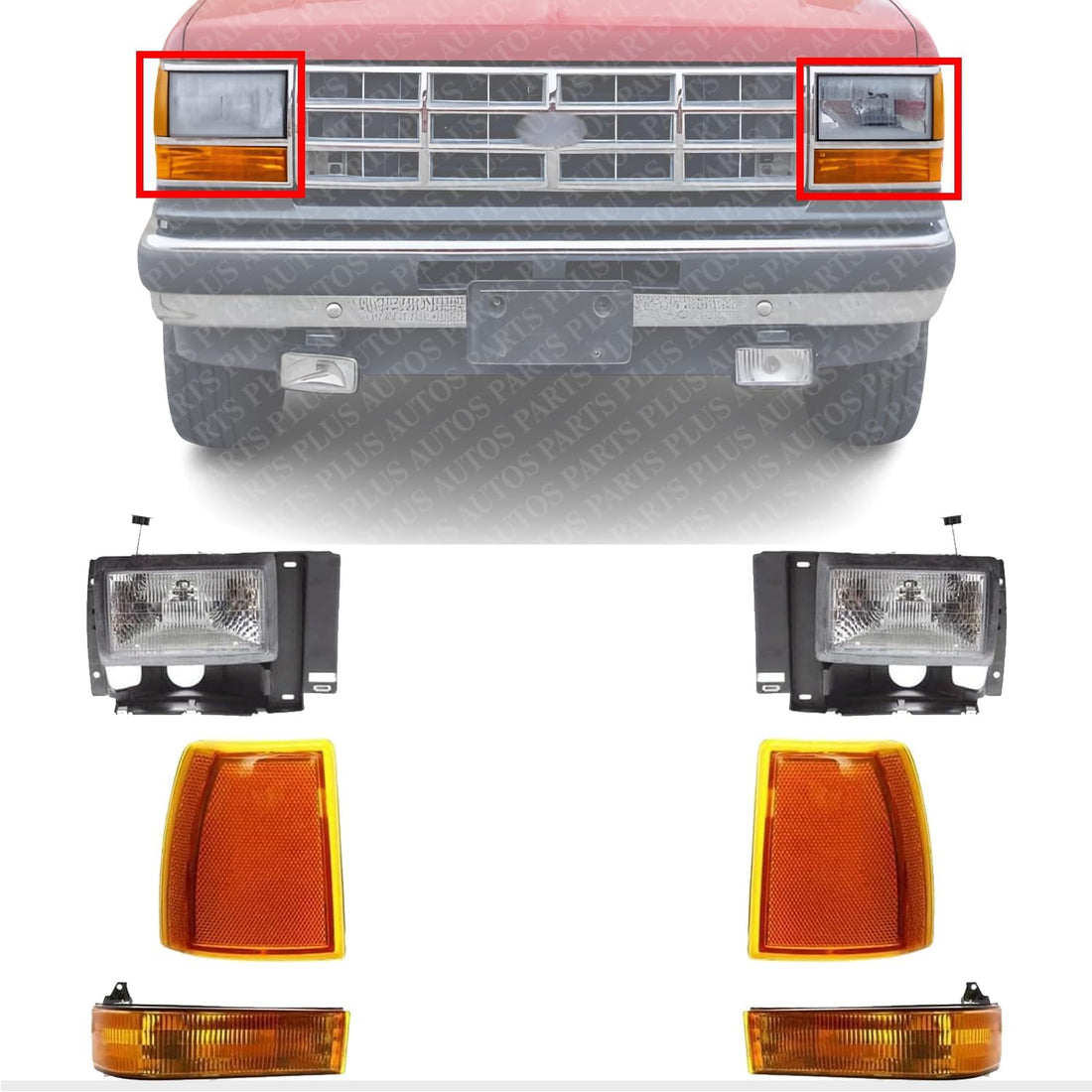 AUTOS PARTS PLUS Front Headlights Assembly + Corner Lamps + Signal Lights Lens and Housing Left & Right Side Direct Replacement Compatible With Ford Bronco 1989-1990/1991-1994 Explorer FO2503107