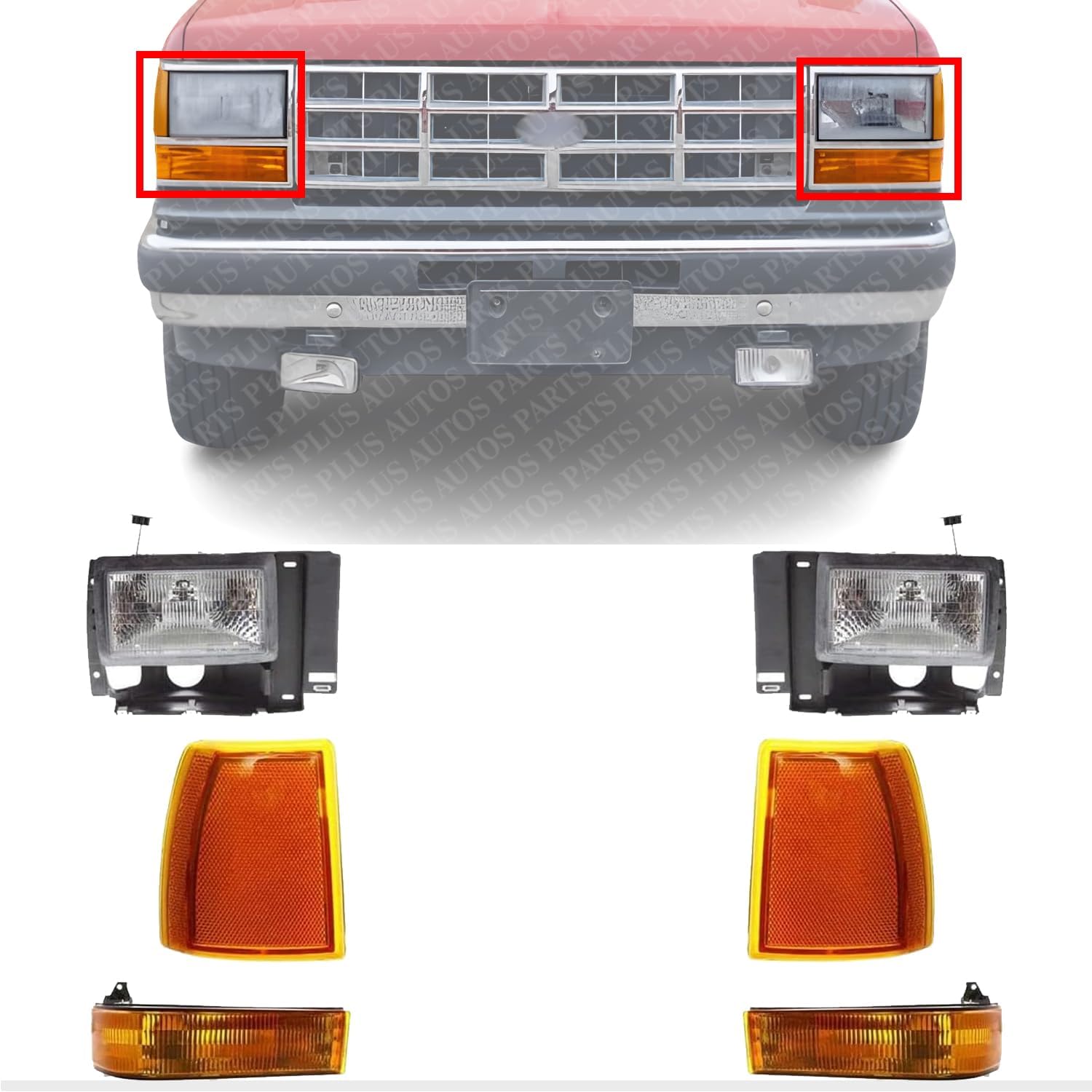 AUTOS PARTS PLUS Front Headlights Assembly + Corner Lamps + Signal Lights Lens and Housing Left & Right Side Direct Replacement Compatible With Ford Bronco 1989-1990/1991-1994 Explorer FO2503107