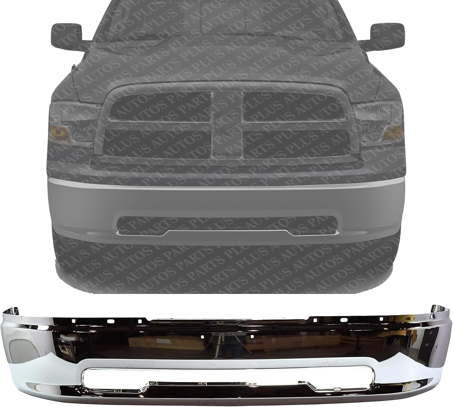 Front Bumper Chrome Steel Without Fog Light Holes Direct Replacement Compatible With 2009-2012 Dodge Ram 1500 CH1002387 68088188AA 68206066AA
