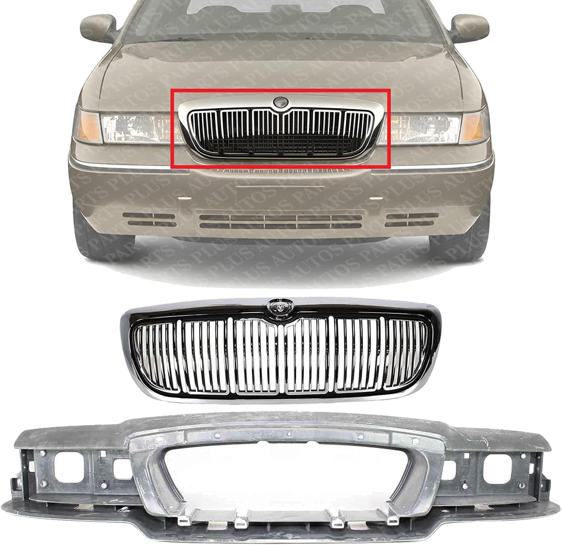 Front Header Panel Thermoplastic And Fiberglass + Grille Chrome Shell & Primed Insert Direct Replacement Compatible With 1998-2002 Mercury Grand Marquis FO1220214 FO1200353