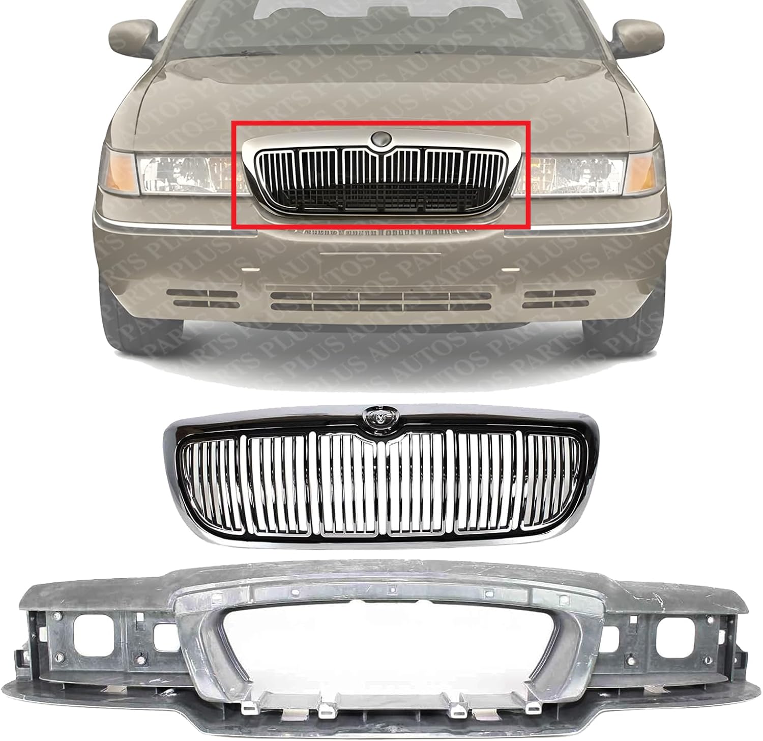 Front Header Panel Thermoplastic And Fiberglass + Grille Chrome Shell & Primed Insert Direct Replacement Compatible With 1998-2002 Mercury Grand Marquis FO1220214 FO1200353