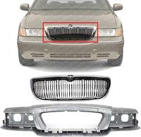Front Header Panel Thermoplastic And Fiberglass + Grille Chrome Shell & Primed Insert Direct Replacement Compatible With 1998-2002 Mercury Grand Marquis FO1220214 FO1200353