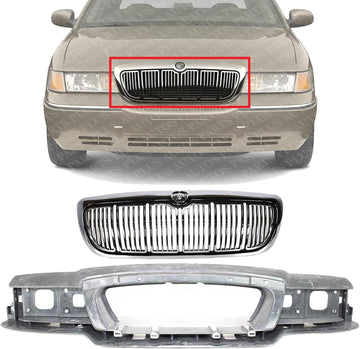 Front Header Panel Thermoplastic And Fiberglass + Grille Chrome Shell & Primed Insert Direct Replacement Compatible With 1998-2002 Mercury Grand Marquis FO1220214 FO1200353