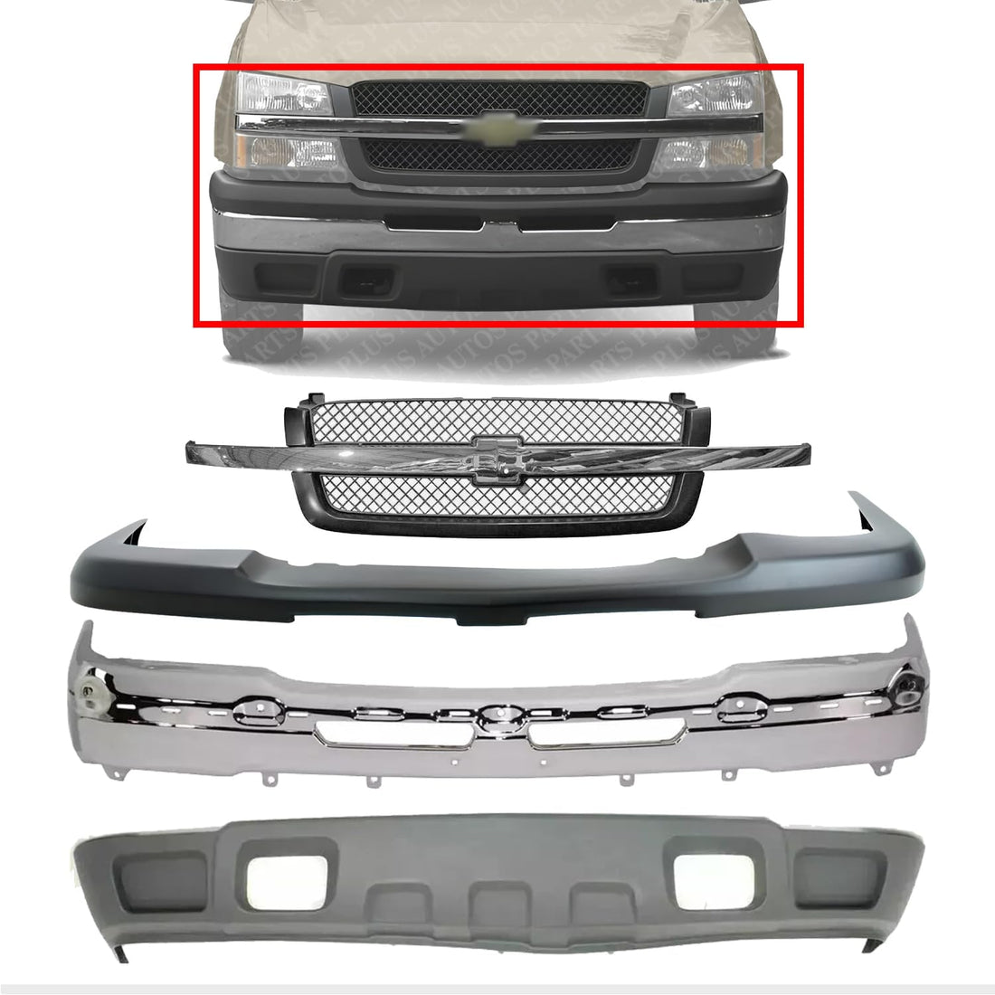 Front Bumper Chrome Steel + Grille + Upper Cover + Lower Valance Air Deflector Textured Direct Replacement Compatible With 2003-2006 Chevrolet Silverado 1500 GM1051110 GM1200489