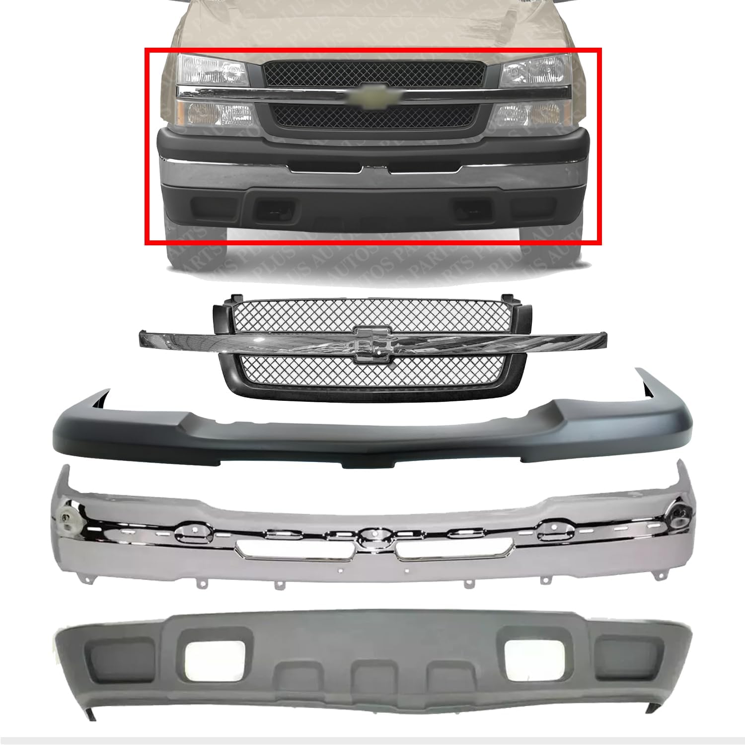Front Bumper Chrome Steel + Grille + Upper Cover + Lower Valance Air Deflector Textured Direct Replacement Compatible With 2003-2006 Chevrolet Silverado 1500 GM1051110 GM1200489