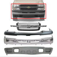 Front Bumper Chrome Steel + Grille + Upper Cover + Lower Valance Air Deflector Textured Direct Replacement Compatible With 2003-2006 Chevrolet Silverado 1500 GM1051110 GM1200489