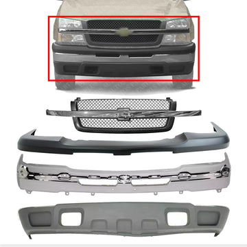 Front Bumper Chrome Steel + Grille + Upper Cover + Lower Valance Air Deflector Textured Direct Replacement Compatible With 2003-2006 Chevrolet Silverado 1500 GM1051110 GM1200489