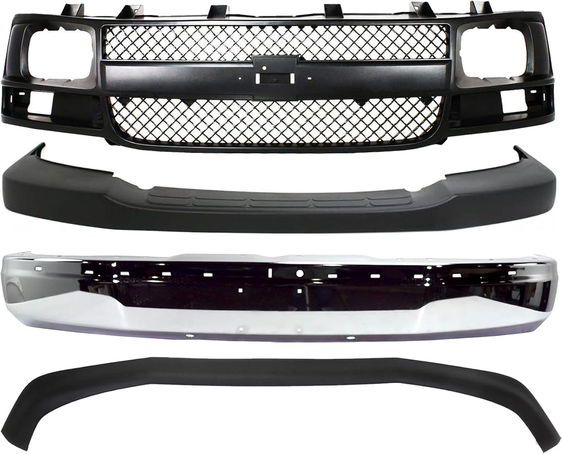 Front Bumper Face Bar Chrome + Grille + Upper Cover + Lower Valance Textured Direct Replacement Compatible With 2003-2014 Chevrolet Express/GMC Savana 1500/2003-2017 2500 3500