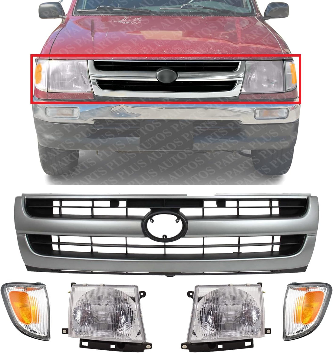 AUTOS PARTS PLUS Front Grille Silver Shell With Painted Black Insert + Headlights + Corner Lamps Assembly Left Driver & Right Passenger Side Direct Replacement Compatible With 1997-2000 Toyota Tacoma