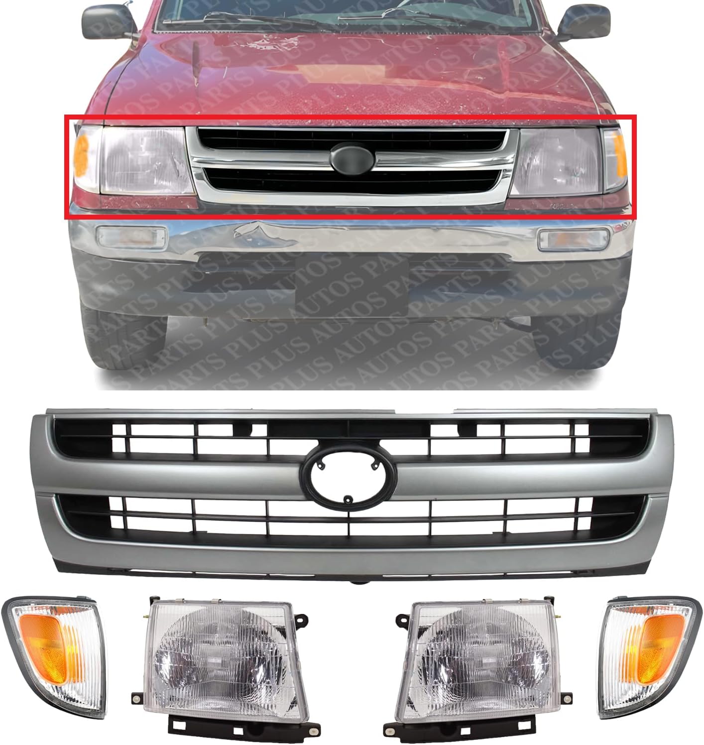 AUTOS PARTS PLUS Front Grille Silver Shell With Painted Black Insert + Headlights + Corner Lamps Assembly Left Driver & Right Passenger Side Direct Replacement Compatible With 1997-2000 Toyota Tacoma