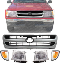 AUTOS PARTS PLUS Front Grille Silver Shell With Painted Black Insert + Headlights + Corner Lamps Assembly Left Driver & Right Passenger Side Direct Replacement Compatible With 1997-2000 Toyota Tacoma