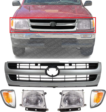 AUTOS PARTS PLUS Front Grille Silver Shell With Painted Black Insert + Headlights + Corner Lamps Assembly Left Driver & Right Passenger Side Direct Replacement Compatible With 1997-2000 Toyota Tacoma