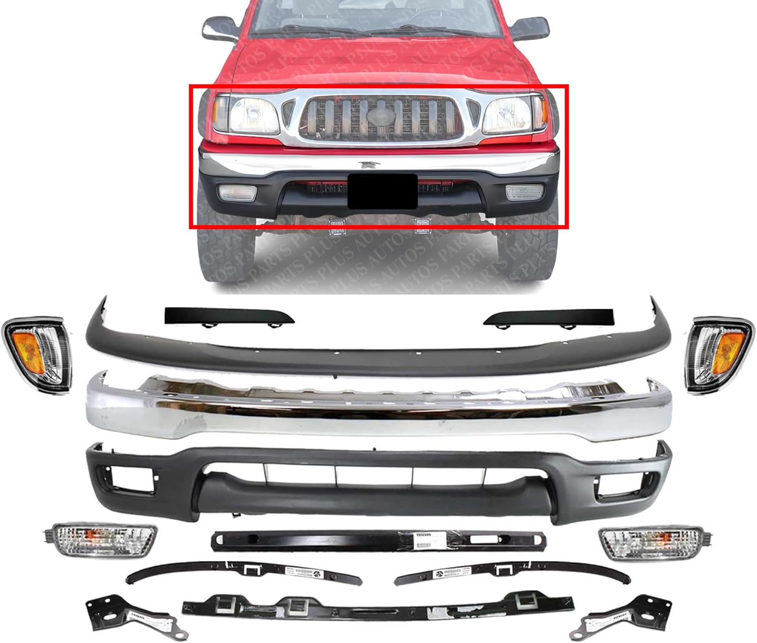 Front Bumper + Upper Cover + Valance + Reinforcement + Bracket + Retainer + Filler + Corner & Signal Lamp Left & Right Side Direct Replacement Compatible With For 01-04 Toyota Tacoma