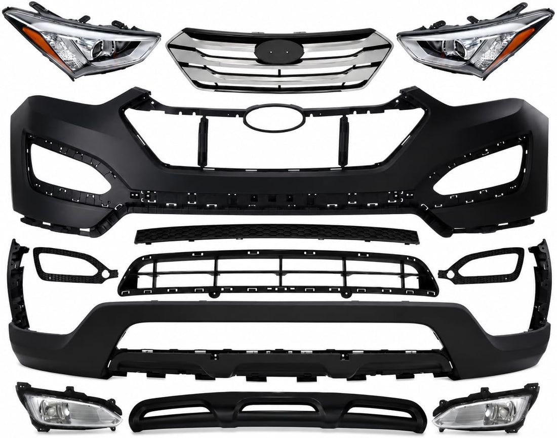 Front Bumper Cover Primed + Valance + Upper & Lower Grille + Molding + Skid Plate + Headlight + Fog Light + Trim Left & Right Side Direct Replacement For 13-16 Hyundai Santa Fe Sport