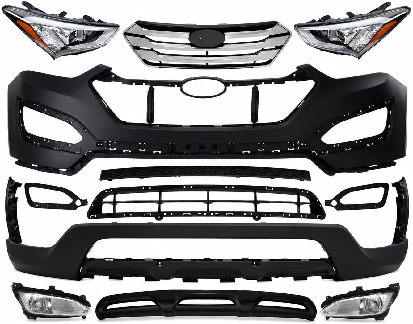 Front Bumper Cover Primed + Valance + Upper & Lower Grille + Molding + Skid Plate + Headlight + Fog Light + Trim Left & Right Side Direct Replacement For 13-16 Hyundai Santa Fe Sport