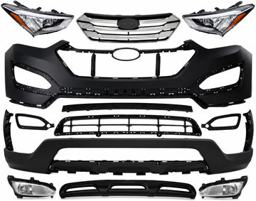 Front Bumper Cover Primed + Valance + Upper & Lower Grille + Molding + Skid Plate + Headlight + Fog Light + Trim Left & Right Side Direct Replacement For 13-16 Hyundai Santa Fe Sport