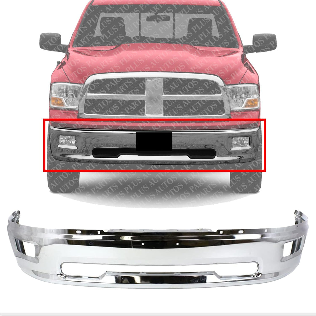 Front Bumper Face Bar Chrome Steel Direct Replacement Compatible With 2009-2012 Dodge Ram 1500 CH1002386 55112609AA 68206067AA