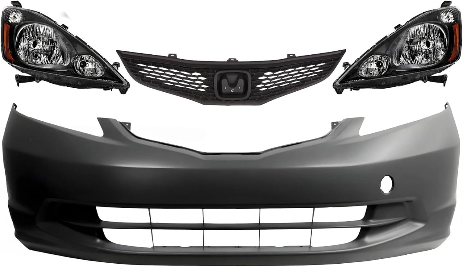 Front Bumper Cover Primed Plastic + Grille Textured + Headlights Left Driver & Right Passenger Side Direct Replacement Compatible With 2009-2014 Honda